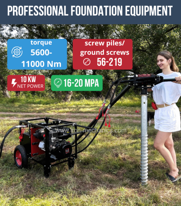 Woman operating a manual hydraulic ground screw driver for screw pile installation in the field