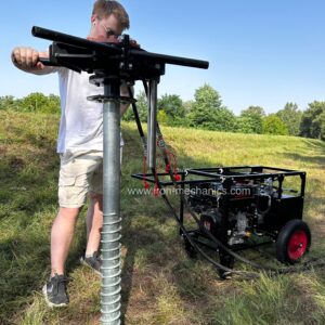 Portable Falcon hand held helical pile driver for screw pile installation in confined spaces.