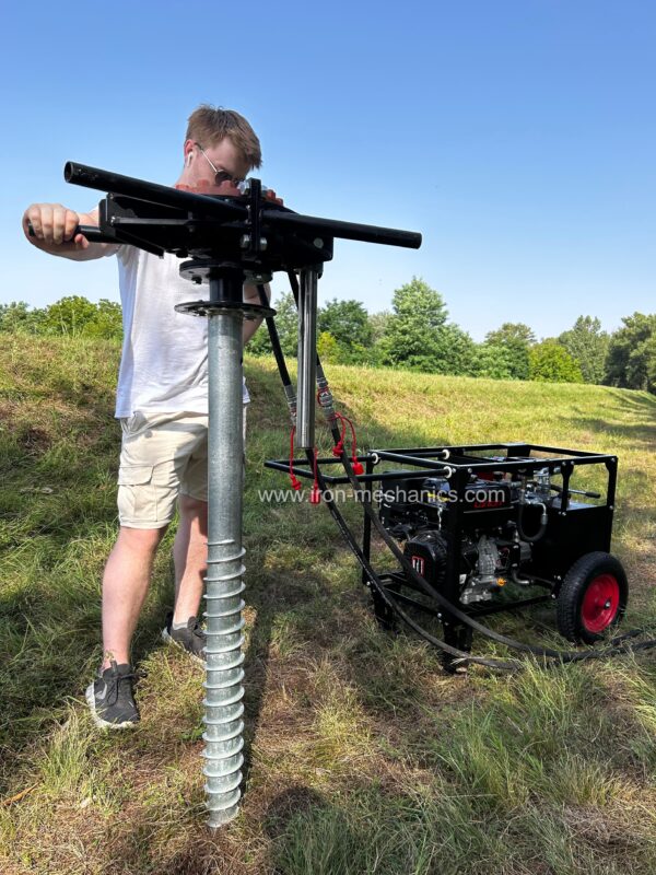 Portable Falcon hand held helical pile driver for screw pile installation in confined spaces.